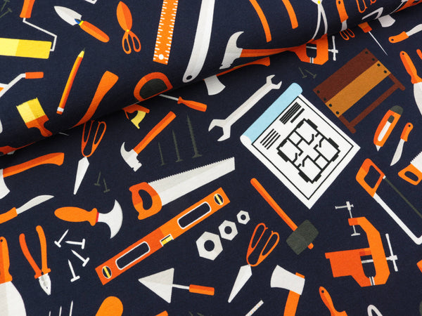 Baumwolljersey Jesse Werkzeuge bunt auf Nachtblau