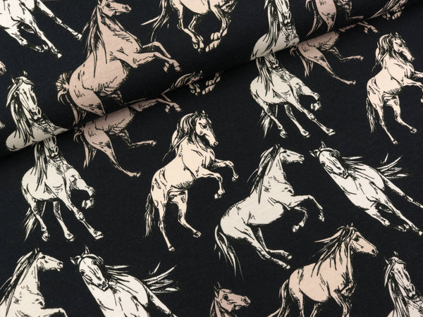 Baumwolljersey Jesse Pferde auf Nachtblau