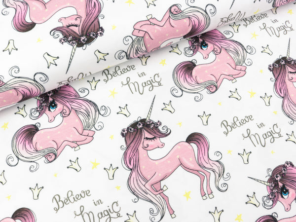 Baumwolljersey Jesse Believe in Magic Einhörner auf Weiß