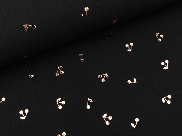 Baumwoll Musselin Double Gauze Bambino Foil Kirschen kupfer auf Schwarz