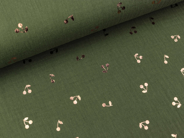 Baumwoll Musselin Double Gauze Bambino Foil Kirschen kupfer auf Army