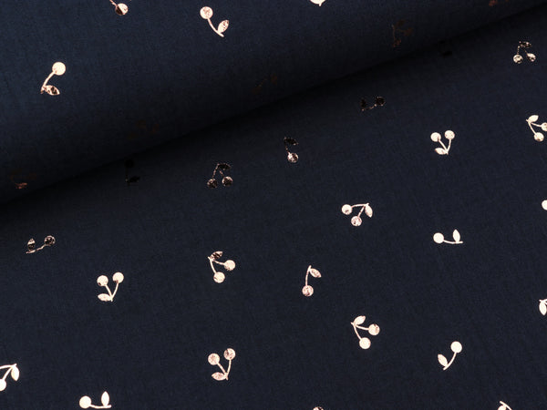 Baumwoll Musselin Double Gauze Bambino Foil Kirschen kupfer auf Navy