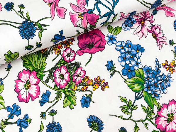 Baumwollsatin Blumenmuster bunt auf Weiß