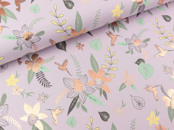 Baumwolljersey Flowers auf flieder mit kupferfarbenem Folienprint