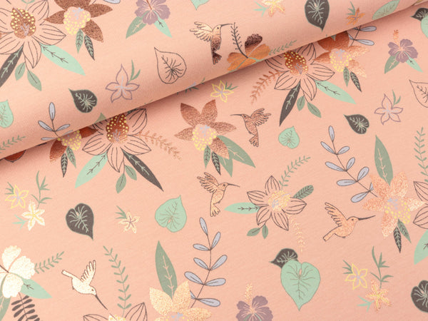 Baumwolljersey Flowers auf apricot mit kupferfarbenem Folienprint