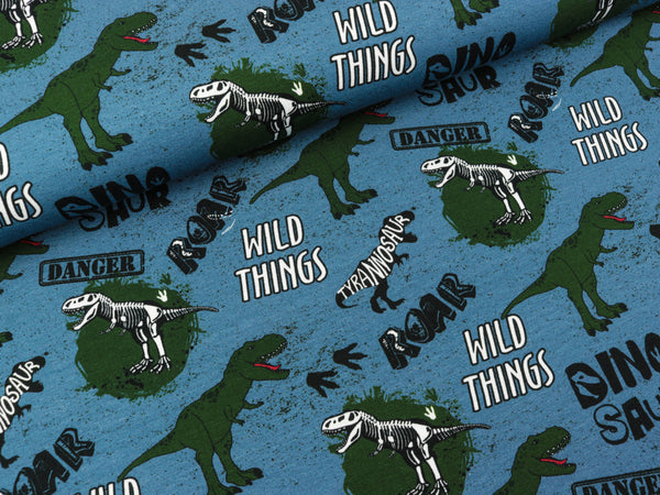 Baumwolljersey Klaas Dinosaurier auf dunklem Rauchblau