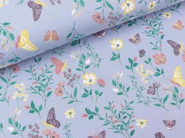 Baumwolljersey Flowers bunt auf Flieder