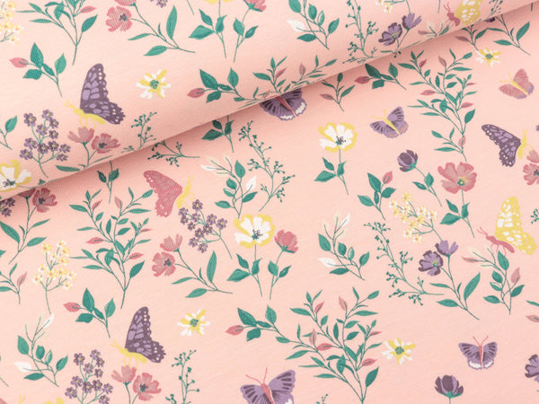 Baumwolljersey Flowers bunt auf Rosa