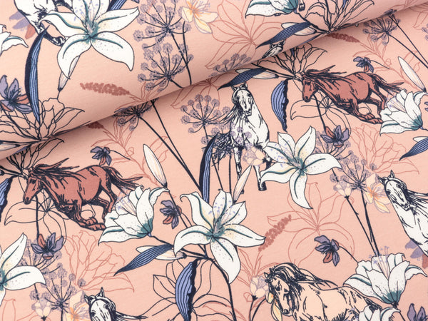 French Terry Flowers and Horses auf Staubrosa