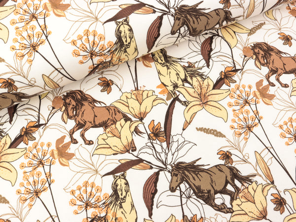 French Terry Flowers and Horses auf Ecru