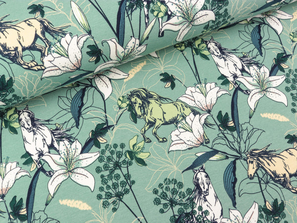 French Terry Flowers and Horses auf Dusty green