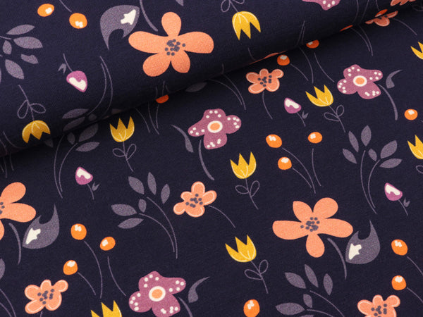 Baumwolljersey Henry Bunte Wiesenblumen auf Violett