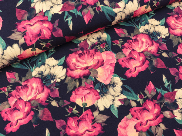 Baumwolljersey Henry Rosenmuster auf Tiefblau