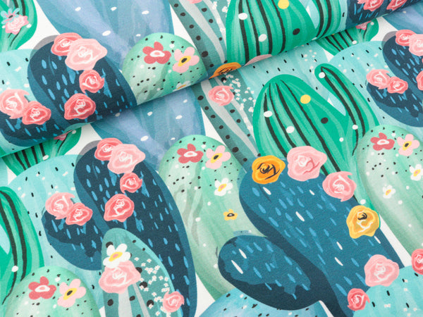 Baumwolljersey Henry Blühende Kakteen auf Weiß