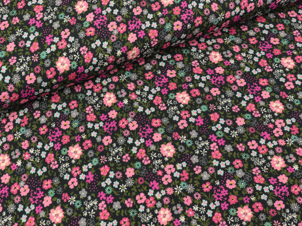 Viskosestoff Viola Bunte Streublümchen auf Schwarz