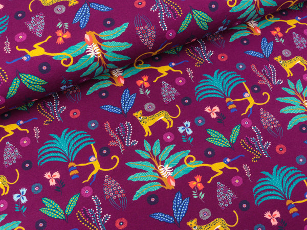 Baumwolljersey Tropical Forest Urwaldleben bunt auf Brombeere