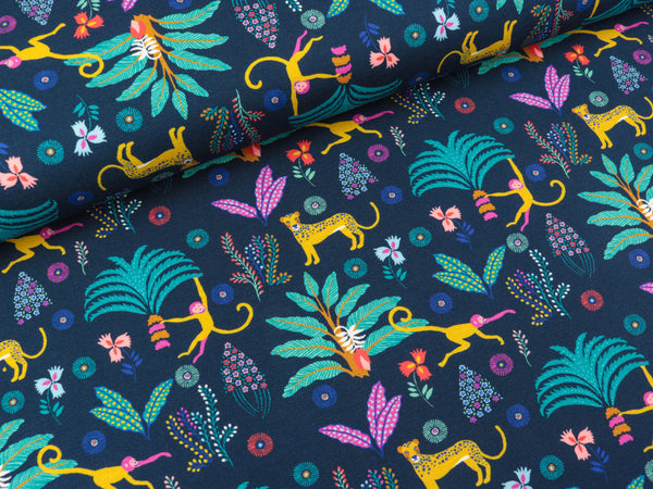 Baumwolljersey Tropical Forest Urwaldleben bunt auf Nachtblau