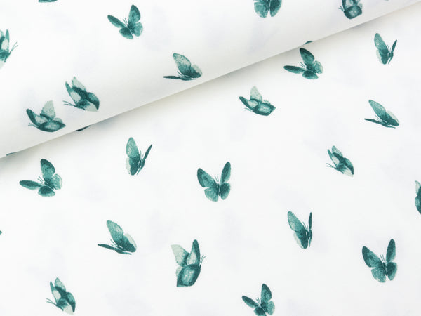 Baumwolljersey Butterflies dusty green auf Weiß