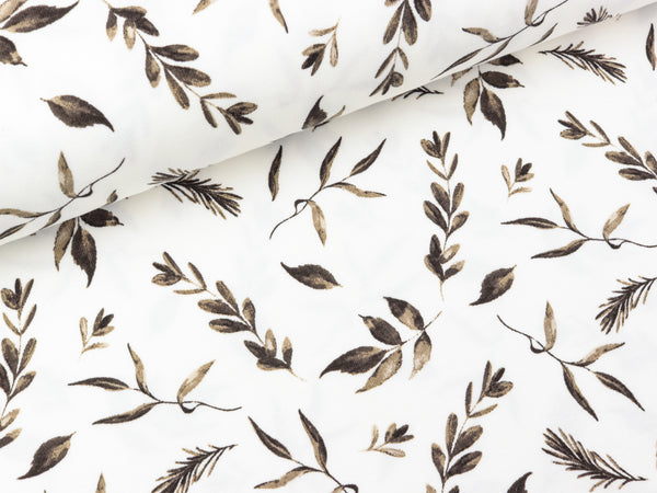 Baumwolljersey Leaves taupe auf Weiß
