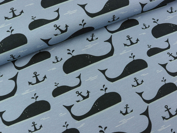 Baumwolljersey Bern Walfische und Anker schwarz auf Rauchblau