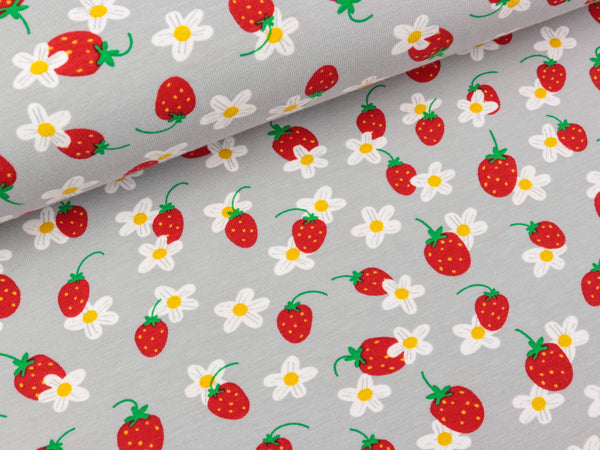 Baumwolljersey Strawberry Flower auf Hellgrau