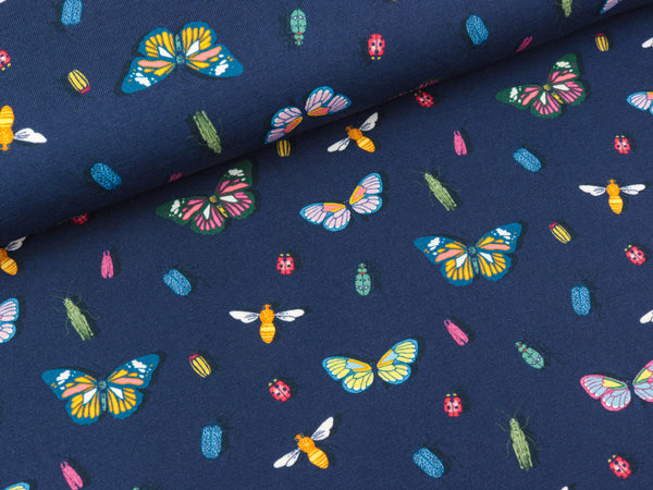 Baumwolljersey Vintage Botanical Schmetterlinge und Käfer bunt auf Dunkelblau