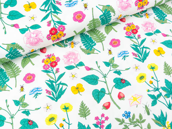 Baumwolljersey Vintage Botanical Bunte Blumenwiese auf Weiß