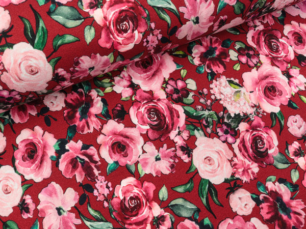 French Terry Flower Garden Blumenmuster auf Bordeaux