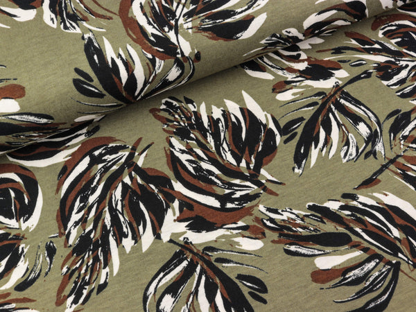 Viskose Stretch Lino Leaves bunt auf Khaki