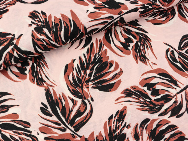 Viskose Stretch Lino Leaves bunt auf Nude