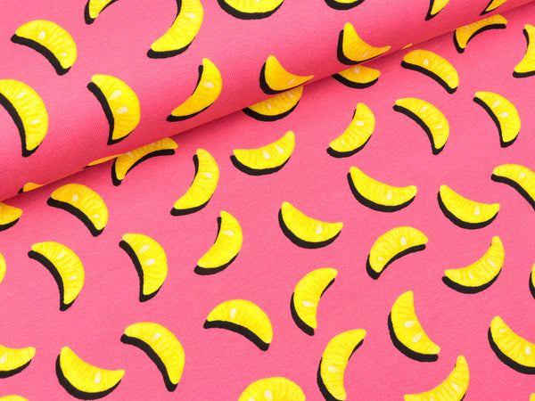 Baumwolljersey Sun & Lemon gelb auf Himbeere