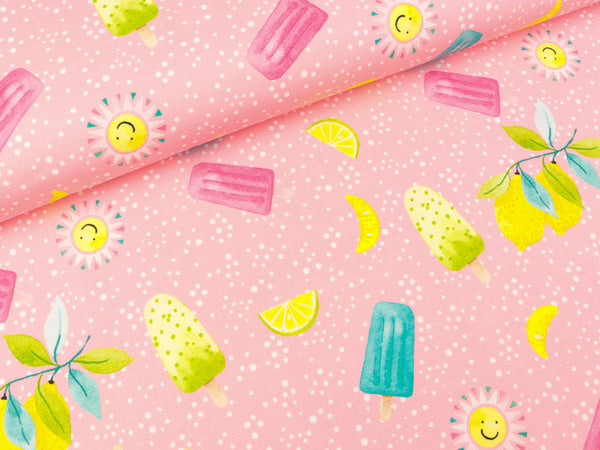 Baumwolljersey Sun & Lemon Sommerliche Erfrischung bunt auf Rosa