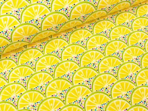 Baumwolljersey Sun & Lemon Zitronen und bunte Streusel