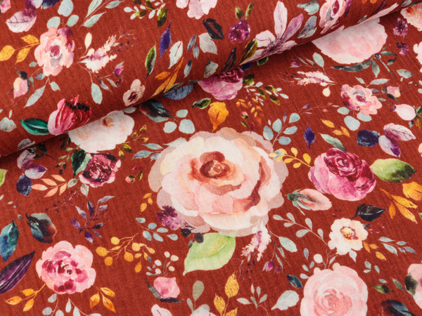 Baumwoll Double Gauze Painted Flowers bunt auf Terra