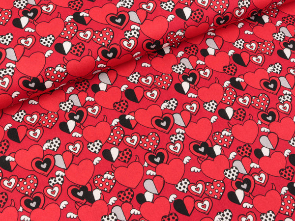 Steinbeck Webware Engel und Teufel Herzen rot-weiß-schwarz auf Rot