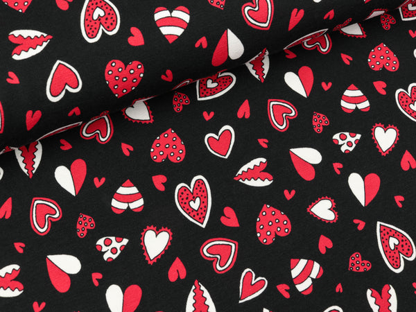 Steinbeck Baumwolljersey Engel und Teufel Herzen rot-weiß auf Schwarz