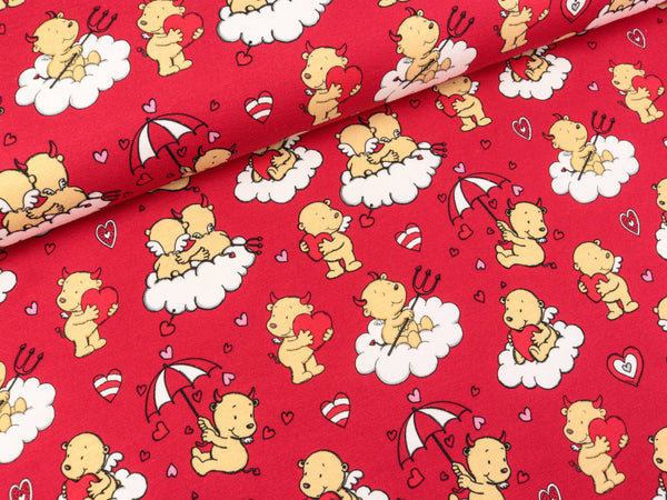 Steinbeck Baumwolljersey Engel und Teufel in den Wolken auf Rot