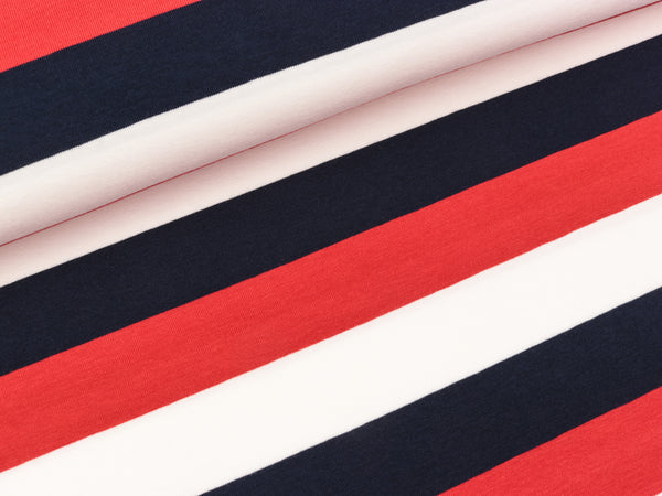 Baumwolljersey Gala Blockstreifen rot-dunkelblau-weiß