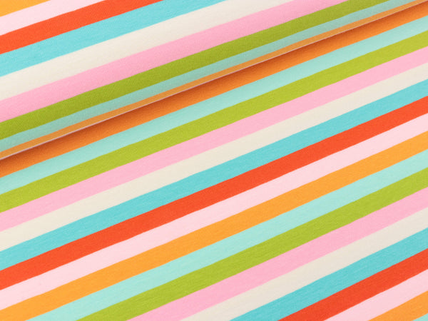 Baumwolljersey Gala 8 Farb-Streifen ecru-rosa-hellgrün-mint-apricot-hellrosa-koralle-türkis