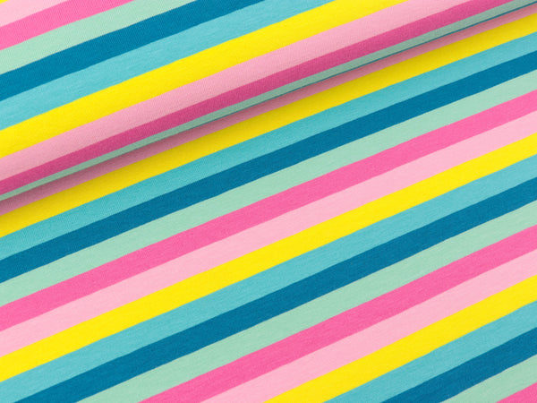 Baumwolljersey Gala 6 Farb-Streifen blau-türkis-hellgelb-rosa-pink-mint
