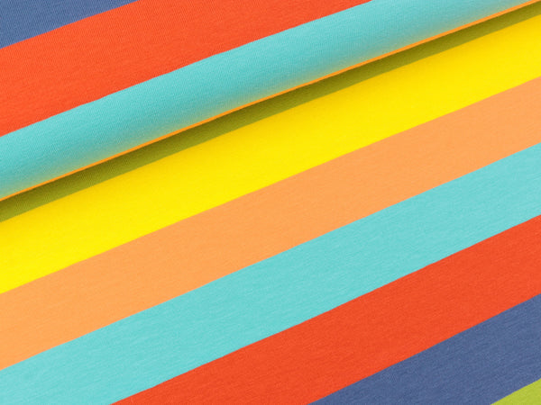 Baumwolljersey Gala 6 Farb-Blockstreifen koralle-türkis-apricot-hellgelb-hellgrün-blau