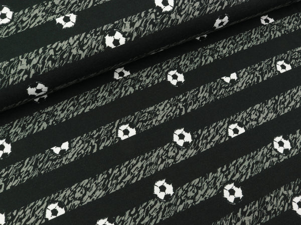 Steinbeck Baumwolljersey Let's Play Kleine Fußbälle auf schwarz-grau gestreift