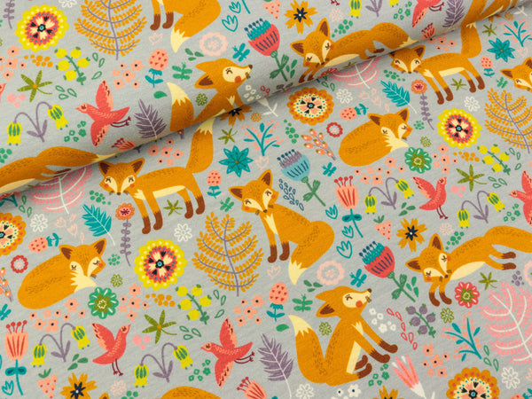 Baumwolljersey Theo Frohes Fuchsleben bunt auf Grau
