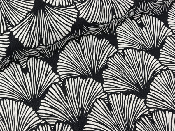 Dekostoff Rinteln Gingkoblätter weiß auf Schwarz