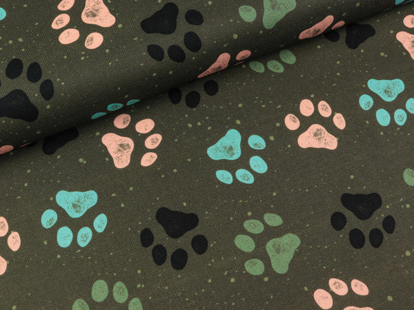 Dekostoff Rinteln Pfötchen und Pünktchen auf Khaki