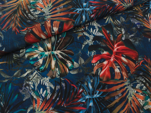 Cupro Print Bunte Blätter auf Dunkelblau