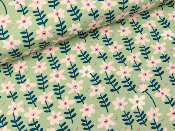 Baumwolljersey Summer Afternoon Bunte Blumen auf Eukalyptus