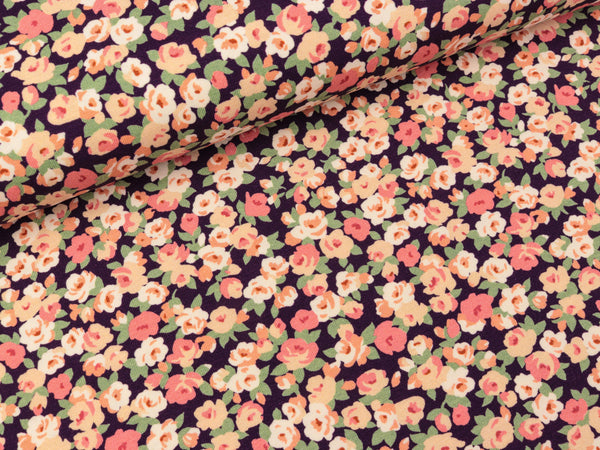 Baumwolljersey Summer Afternoon Bunte Streublümchen auf Brombeere