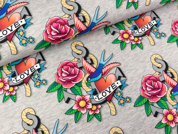 Hamburger Liebe Baumwolljersey Ahoy Tattoo Love mittelgrau meliert