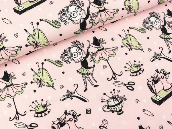 Baumwolljersey Klaas Kleine Schneiderin auf Hellrosa